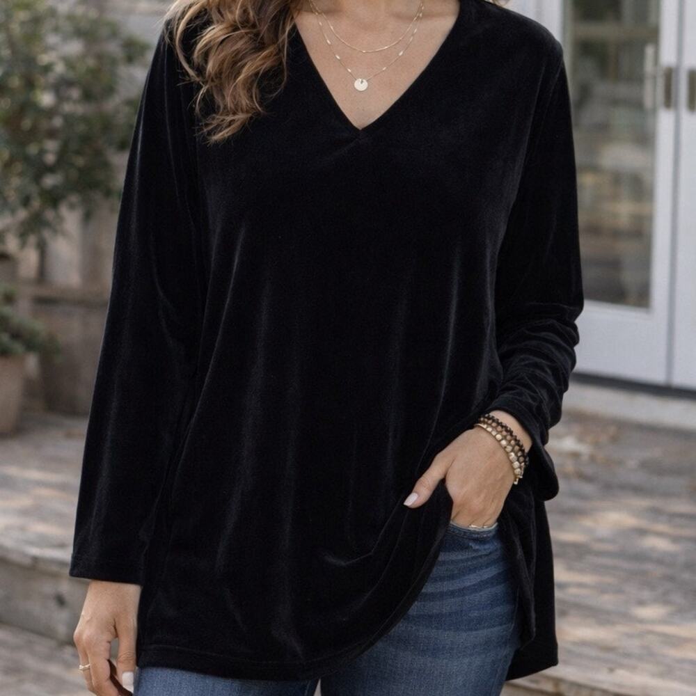 Soft Surroundings 1X Velour Tunic Top Black V Neck Long Sleeve Pullover Holidays